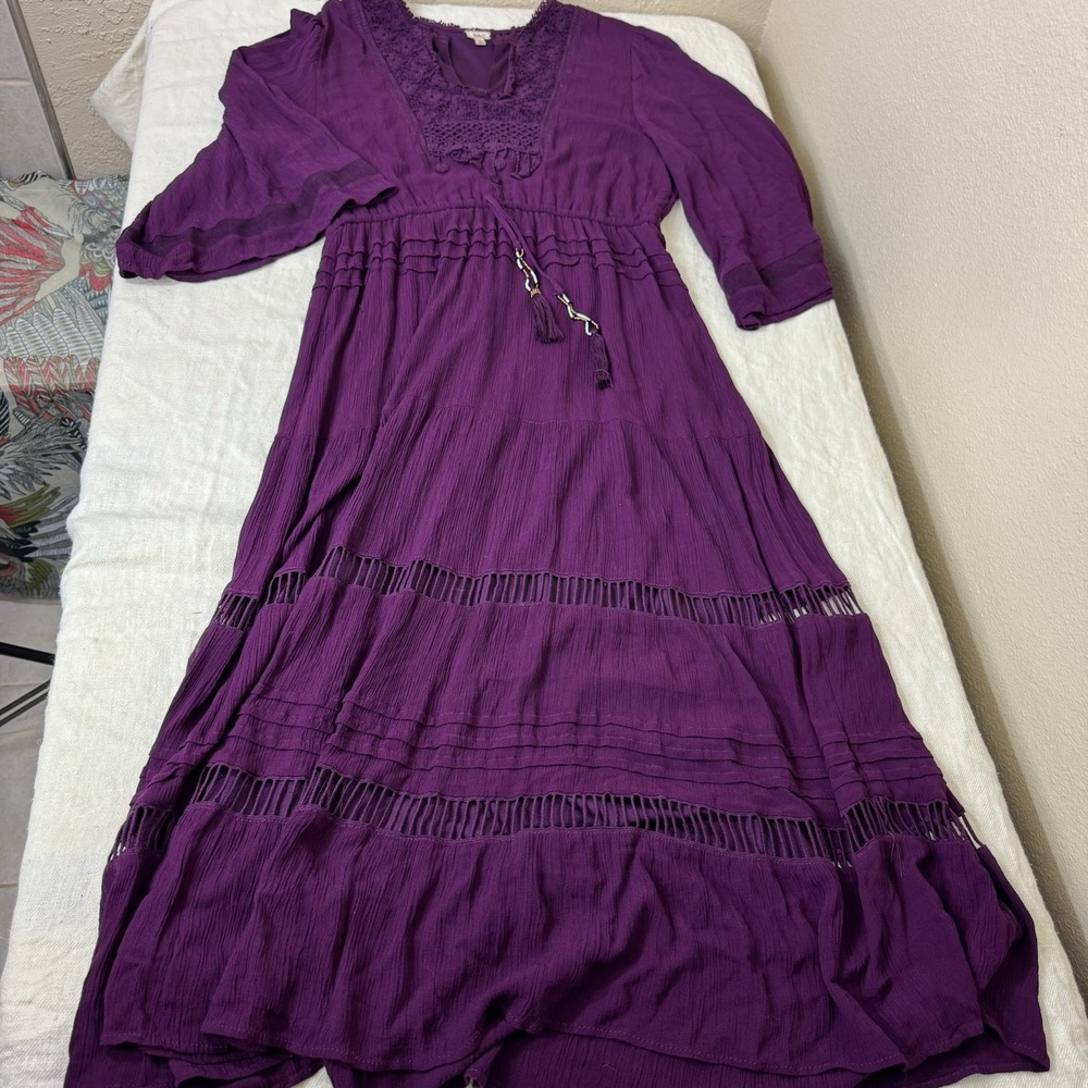 Womens Boho Maxi Dress Size L Burgundy Romantic Lace Flutter Sleeve Empire Waist - Picture 12 of 12